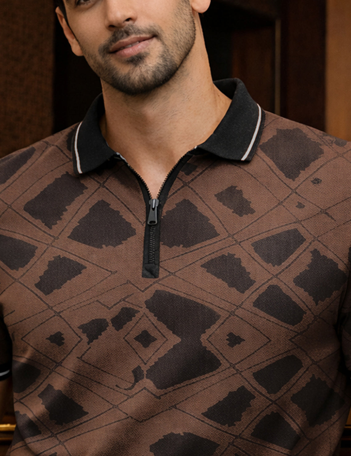 Force Solid Men Zip Neck Brown T-Shirt