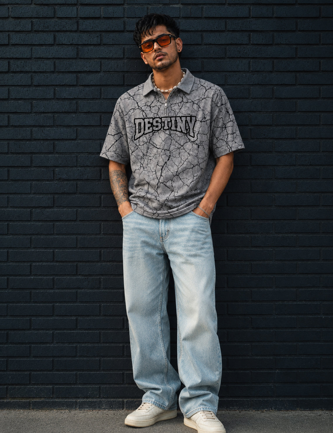 Force Printed Men Zip Neck Grey T-Shirt
