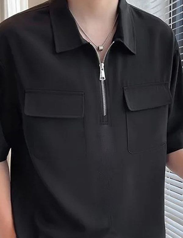 Force Solid Men Zip Neck Black T-Shirt