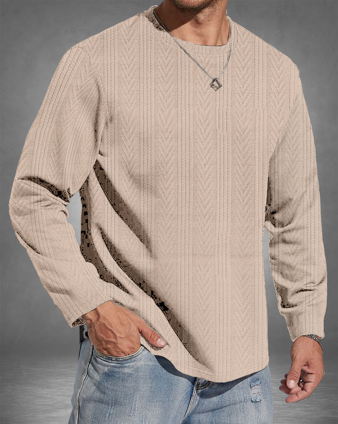 Force Self Design Men Round Neck Beige T-Shirt