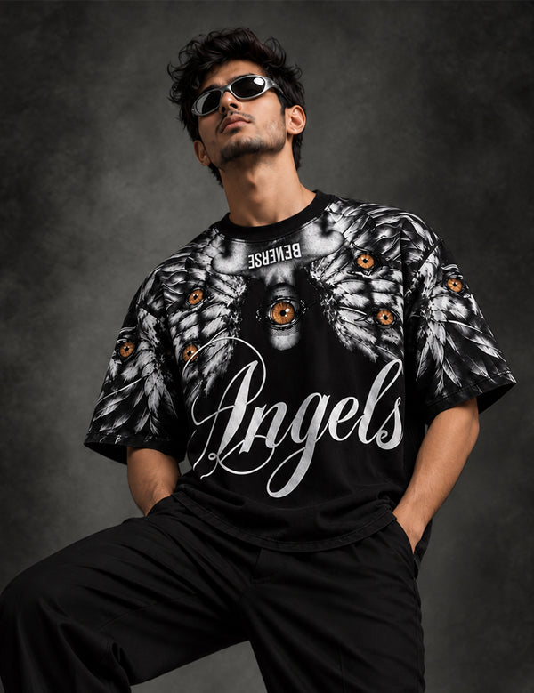 Seraphic Vision – Black Angel Graphic Half-Sleeve T-Shirt