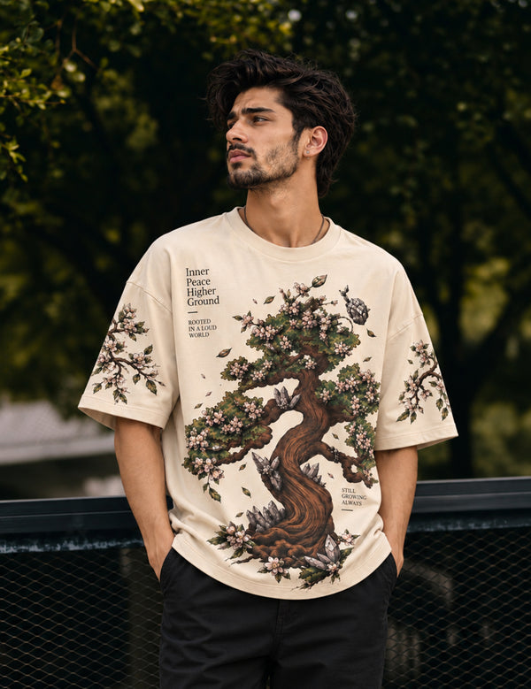 Zen Bloom – Cream Bonsai Graphic Oversized Half-Sleeve T-Shirt
