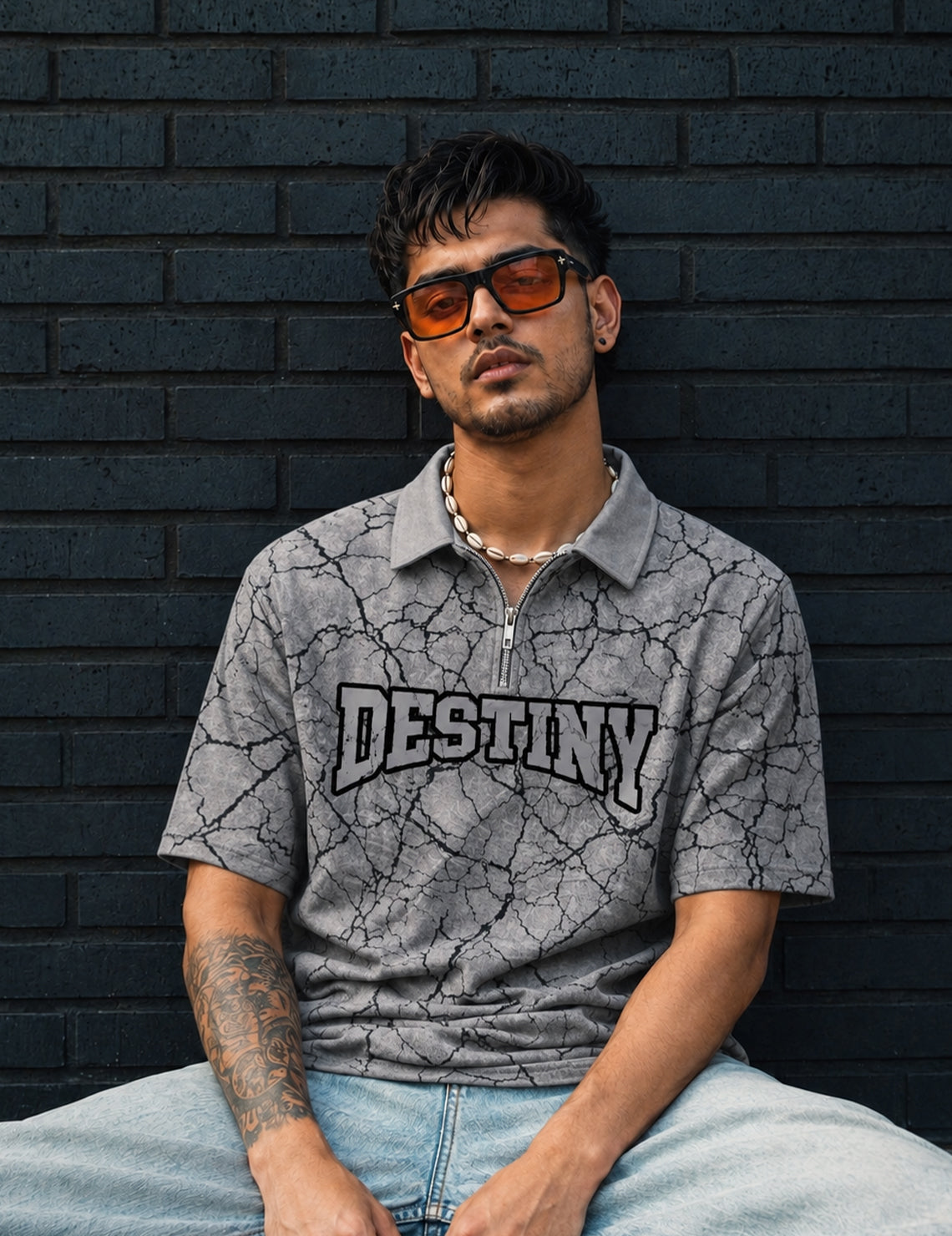 Force Printed Men Zip Neck Grey T-Shirt