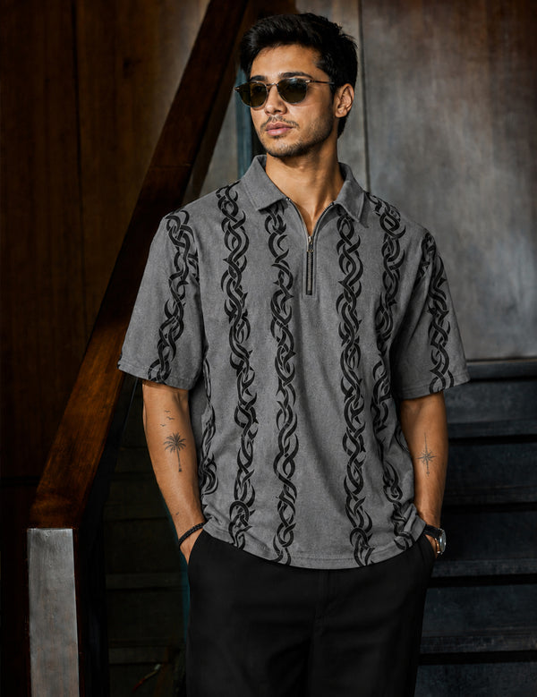 Force Printed Men Zip Neck Grey T-Shirt