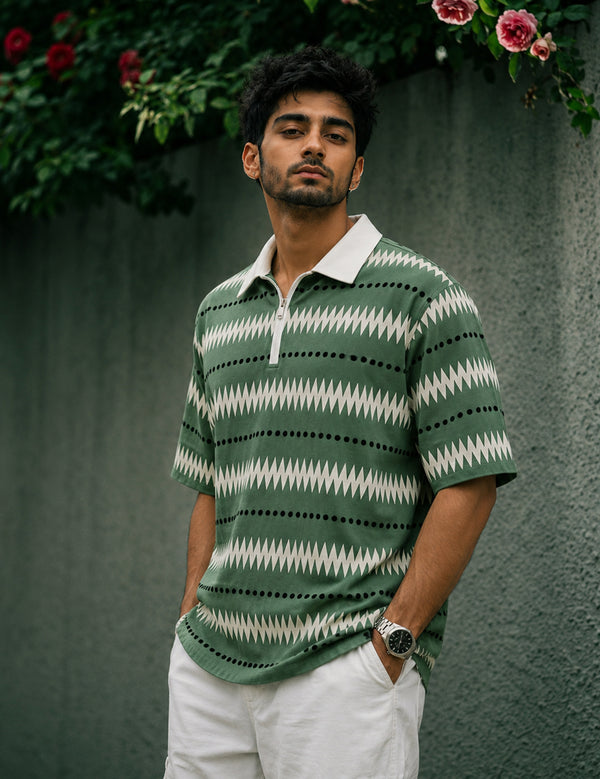 Force Printed Men Zip Neck Green T-Shirt