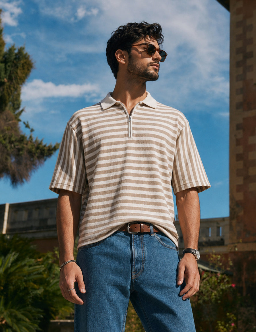 Force striped Men Zip Neck Brown T-Shirt