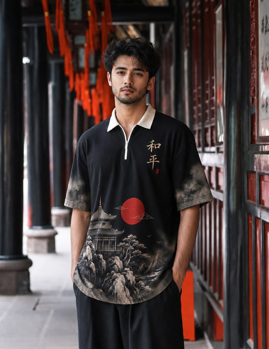 Force Printed Men Zip Neck Black T-Shirt