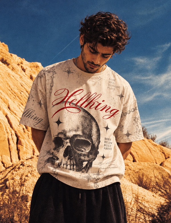 Hellking – Beige Skull Graphic Oversized Half-Sleeve T-Shirt