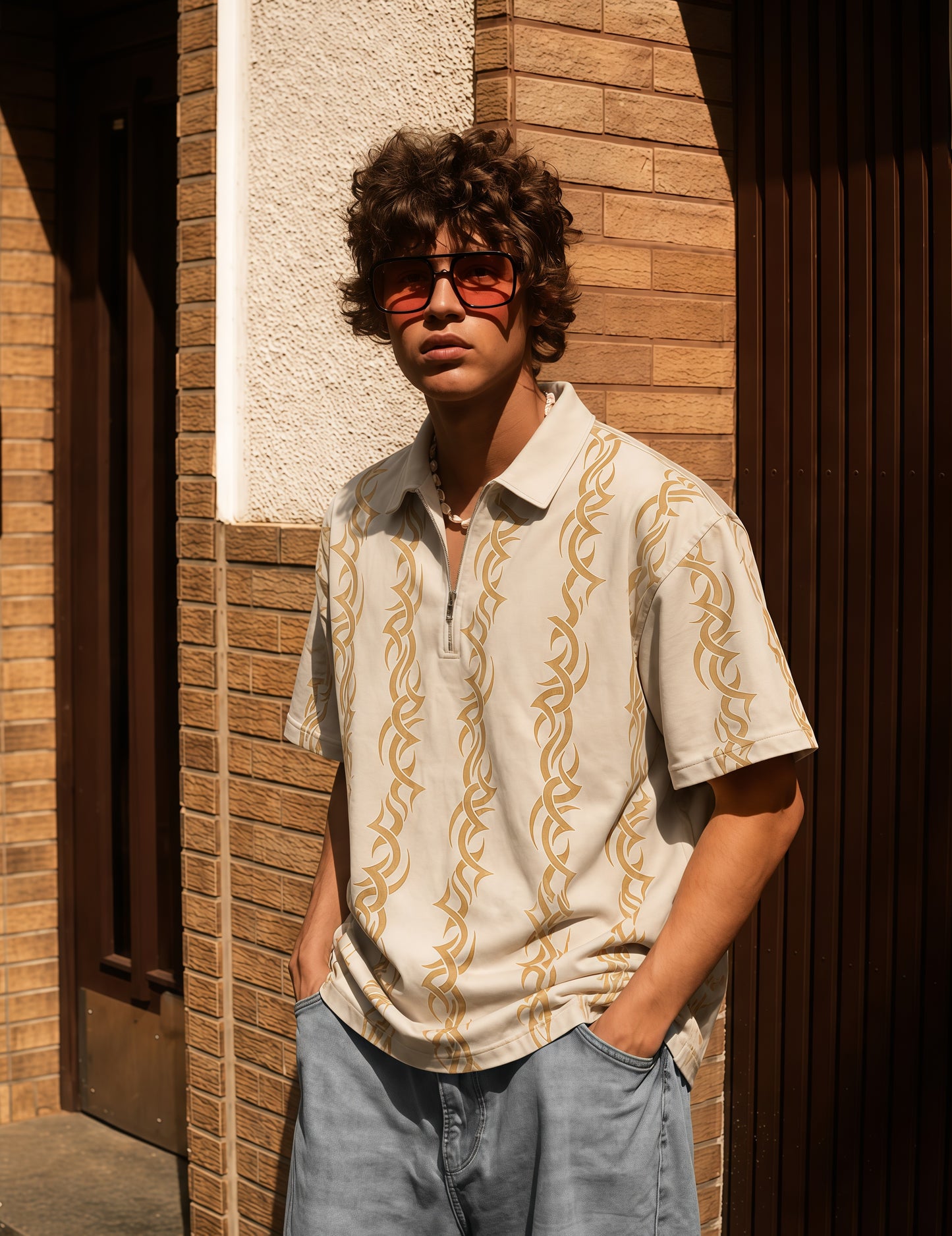 Force Printed Men Polo Neck Beige T-Shirt