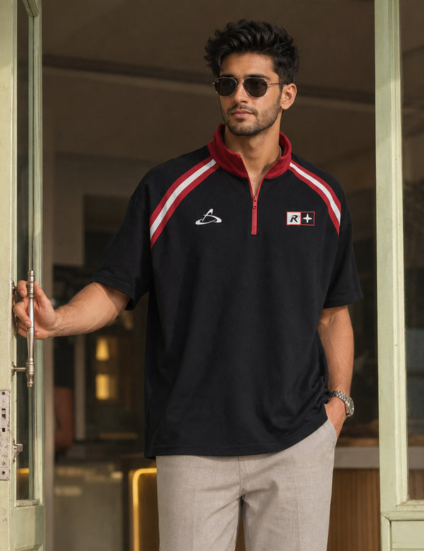 Force Printed Men Zip Neck Black T-Shirt