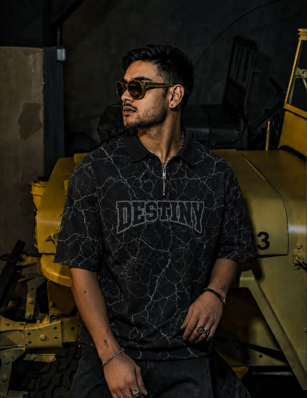 Force Printed Men Zip Neck Black T-Shirt