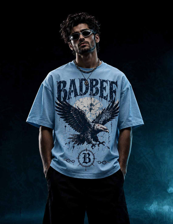 Sky Reign – Sky Blue Eagle Graphic Oversized Half-Sleeve T-Shirt