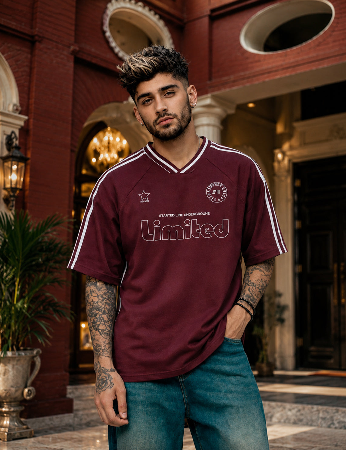 Force Printed Men V Neck Maroon T-Shirt