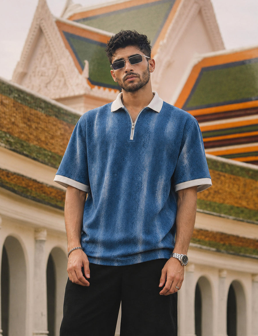 Force Printed Men Zip Neck Blue T-Shirt