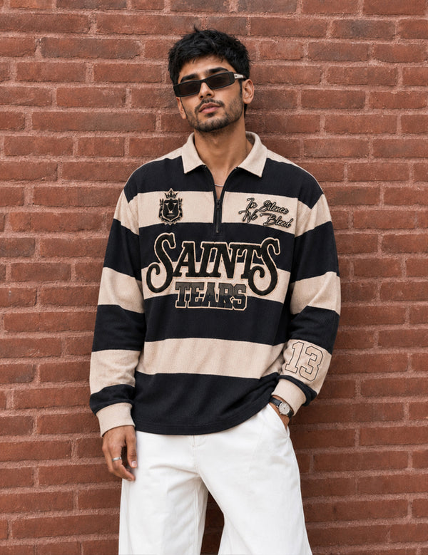 Force Printed Men Zip Neck Beige T-Shirt