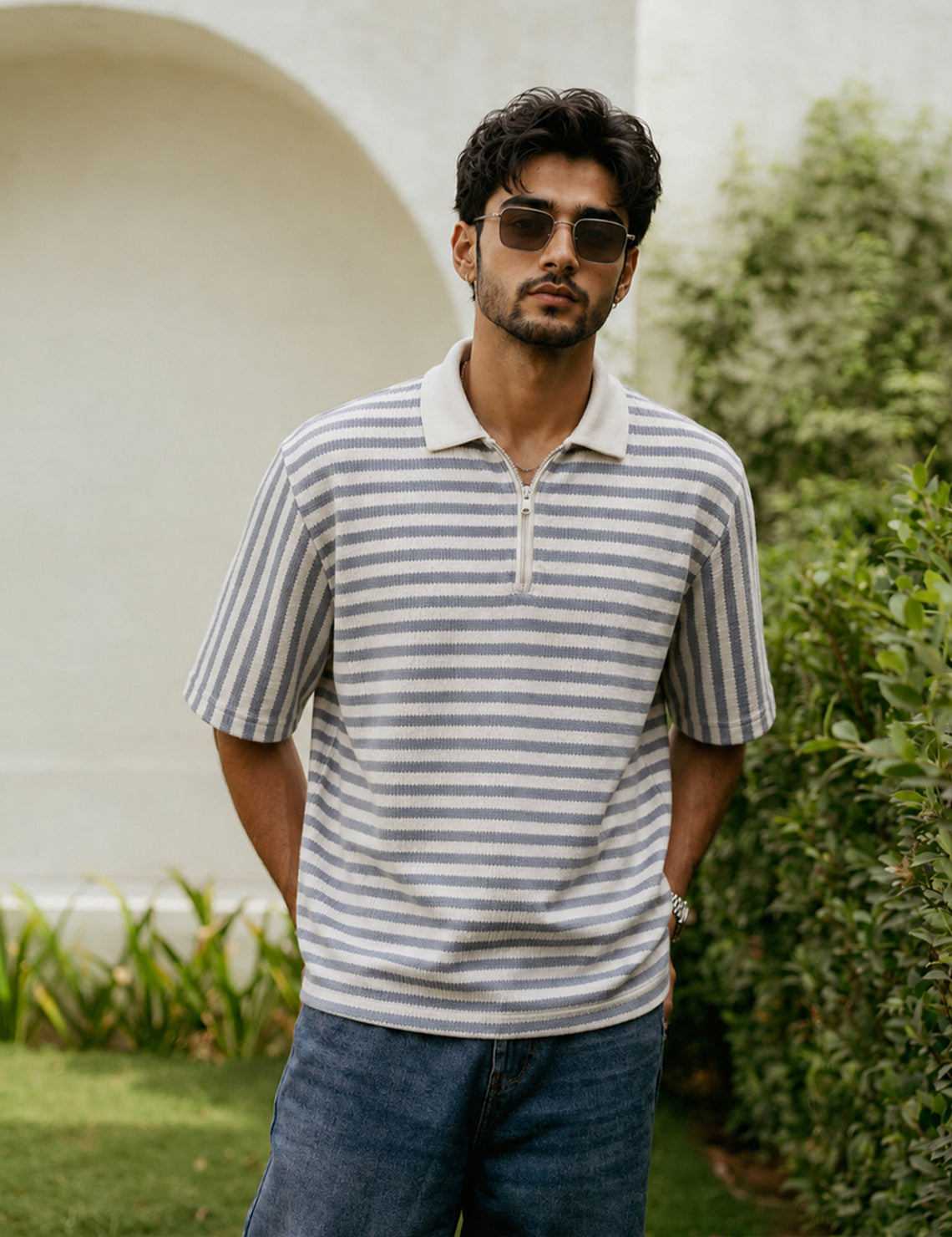 Force striped Men Zip Neck Blue T-Shirt