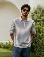 Force striped Men Zip Neck Blue T-Shirt