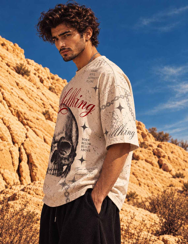 Hellking – Beige Skull Graphic Oversized Half-Sleeve T-Shirt