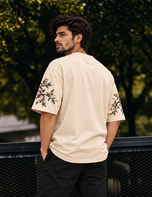 Zen Bloom – Cream Bonsai Graphic Oversized Half-Sleeve T-Shirt