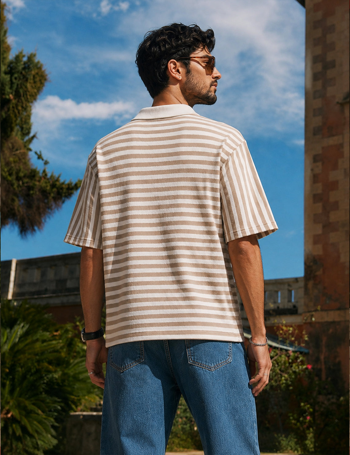 Force striped Men Zip Neck Brown T-Shirt