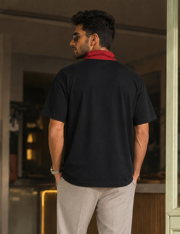 Force Printed Men Zip Neck Black T-Shirt