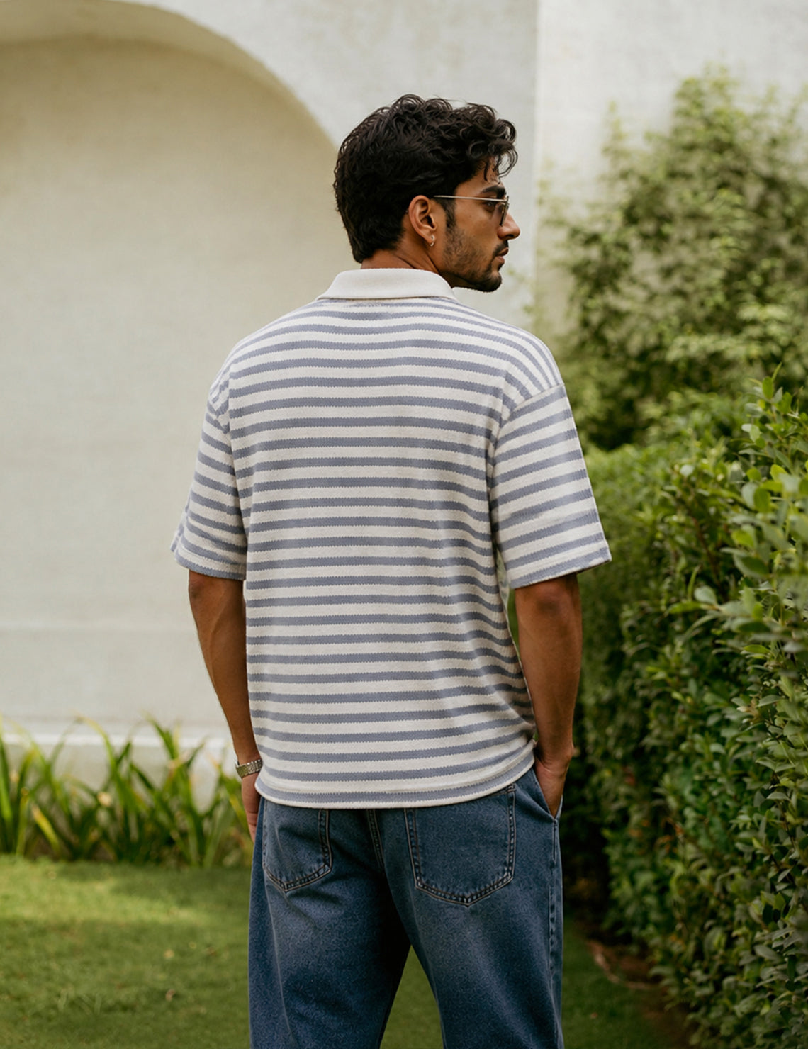 Force striped Men Zip Neck Blue T-Shirt
