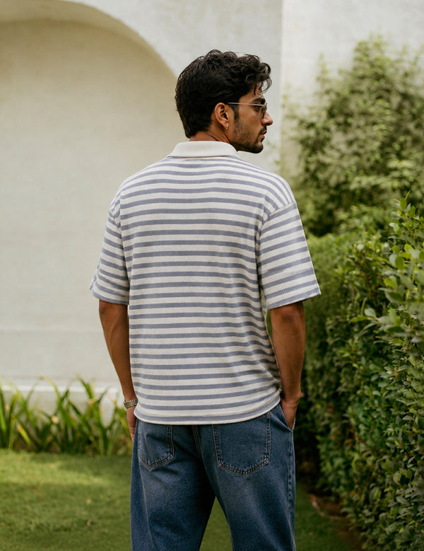 Force striped Men Zip Neck Blue T-Shirt