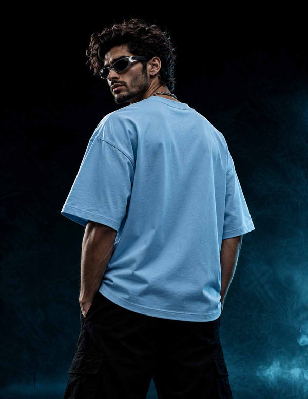 Sky Reign – Sky Blue Eagle Graphic Oversized Half-Sleeve T-Shirt