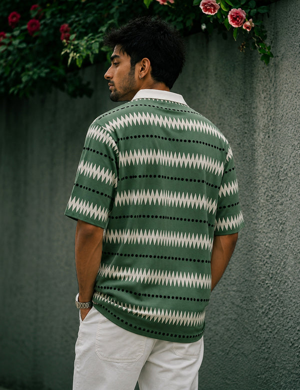 Force Printed Men Zip Neck Green T-Shirt