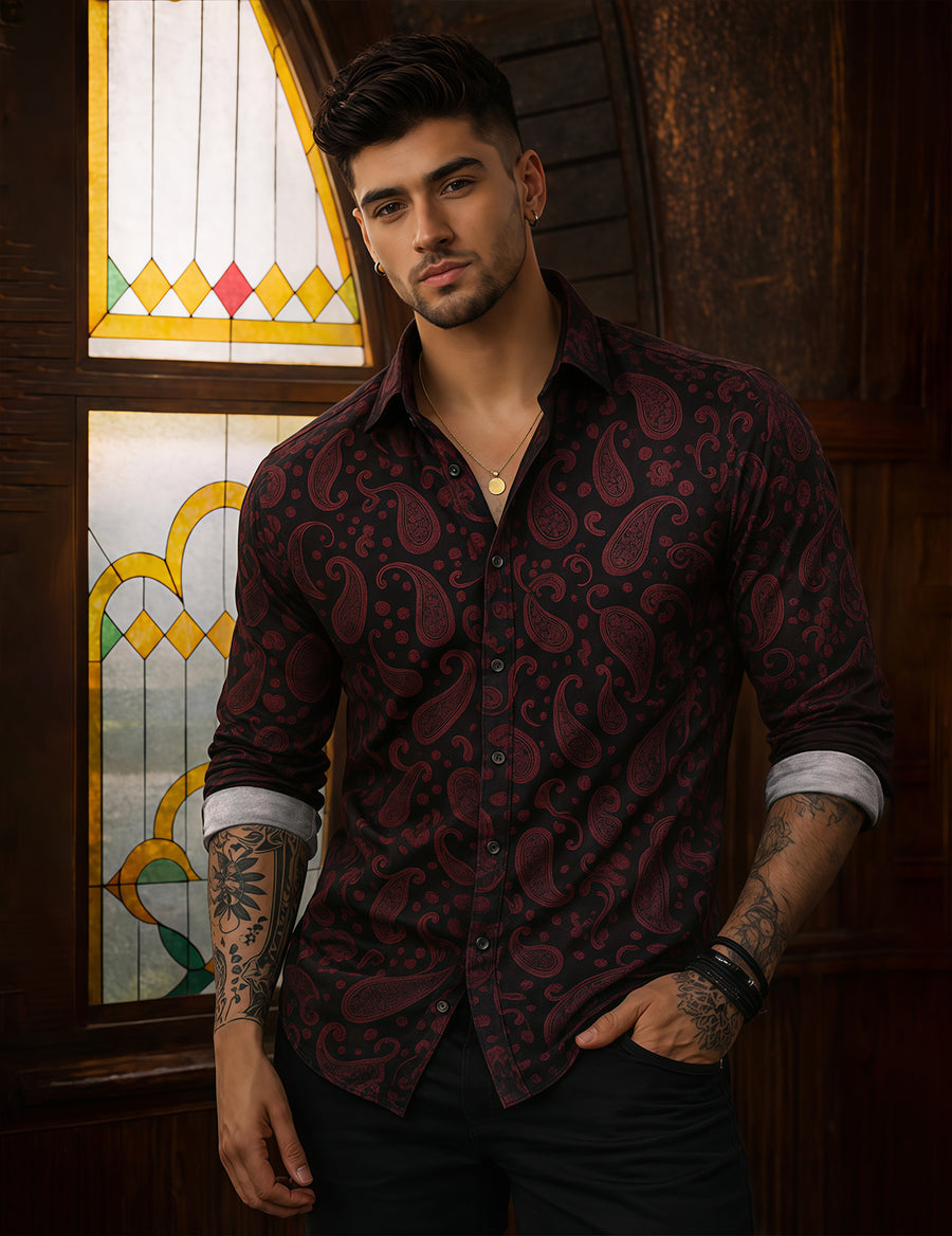 Force Men Printed Casual Black, Maroon Shirt