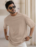 Force Self Design Men Round Neck Beige T-Shirt