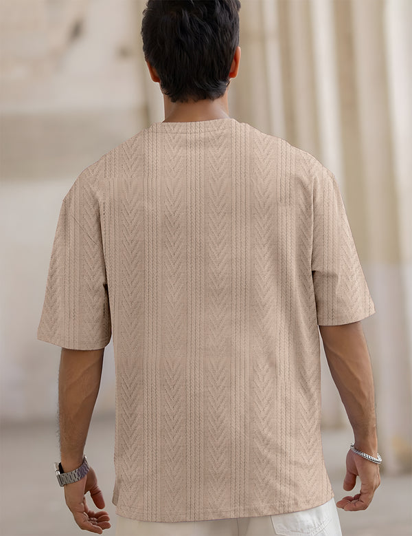 Force Self Design Men Round Neck Beige T-Shirt