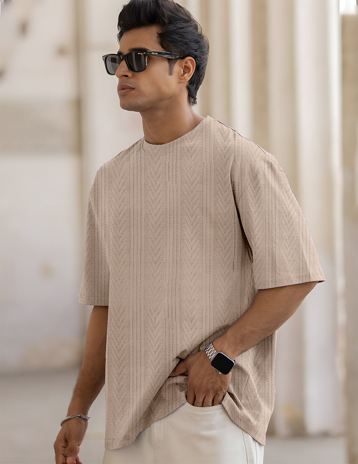 Force Self Design Men Round Neck Beige T-Shirt