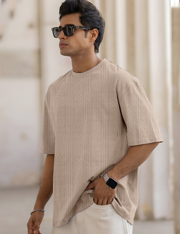 Force Self Design Men Round Neck Beige T-Shirt