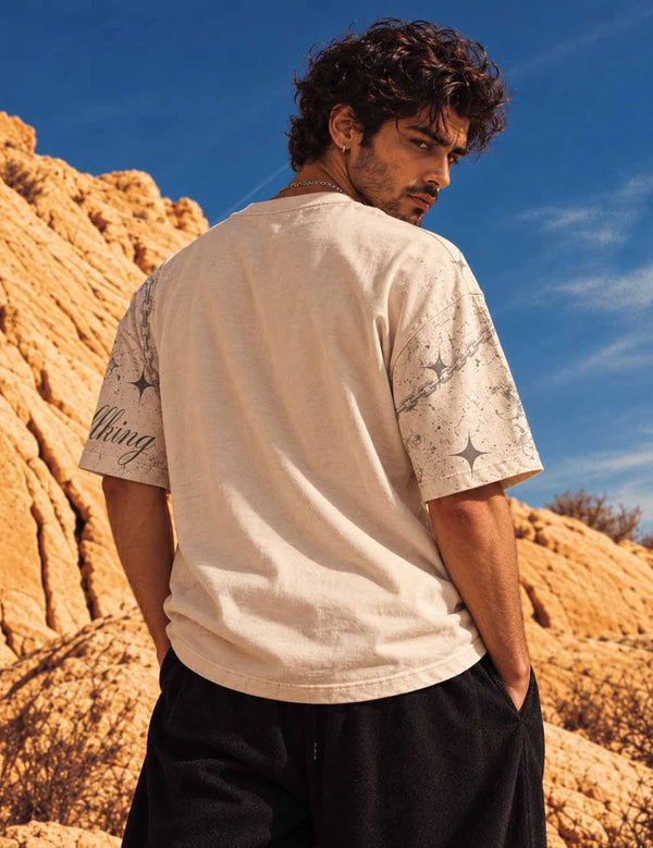 Hellking – Beige Skull Graphic Oversized Half-Sleeve T-Shirt