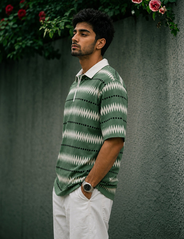 Force Printed Men Zip Neck Green T-Shirt