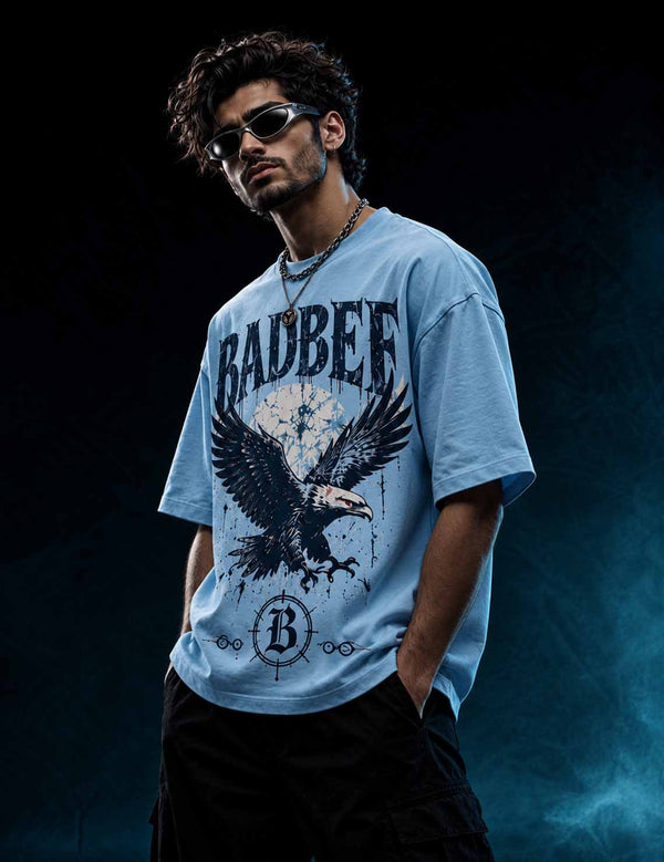 Sky Reign – Sky Blue Eagle Graphic Oversized Half-Sleeve T-Shirt