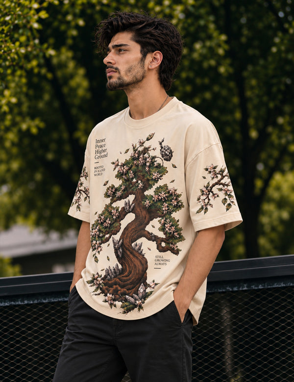 Zen Bloom – Cream Bonsai Graphic Oversized Half-Sleeve T-Shirt