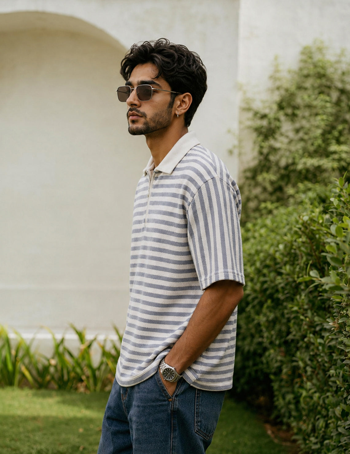 Force striped Men Zip Neck Blue T-Shirt