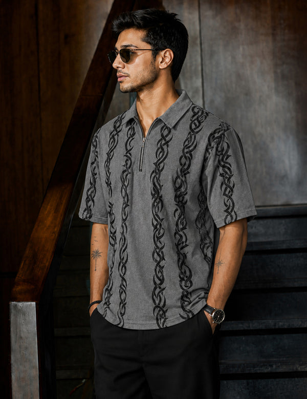 Force Printed Men Zip Neck Grey T-Shirt