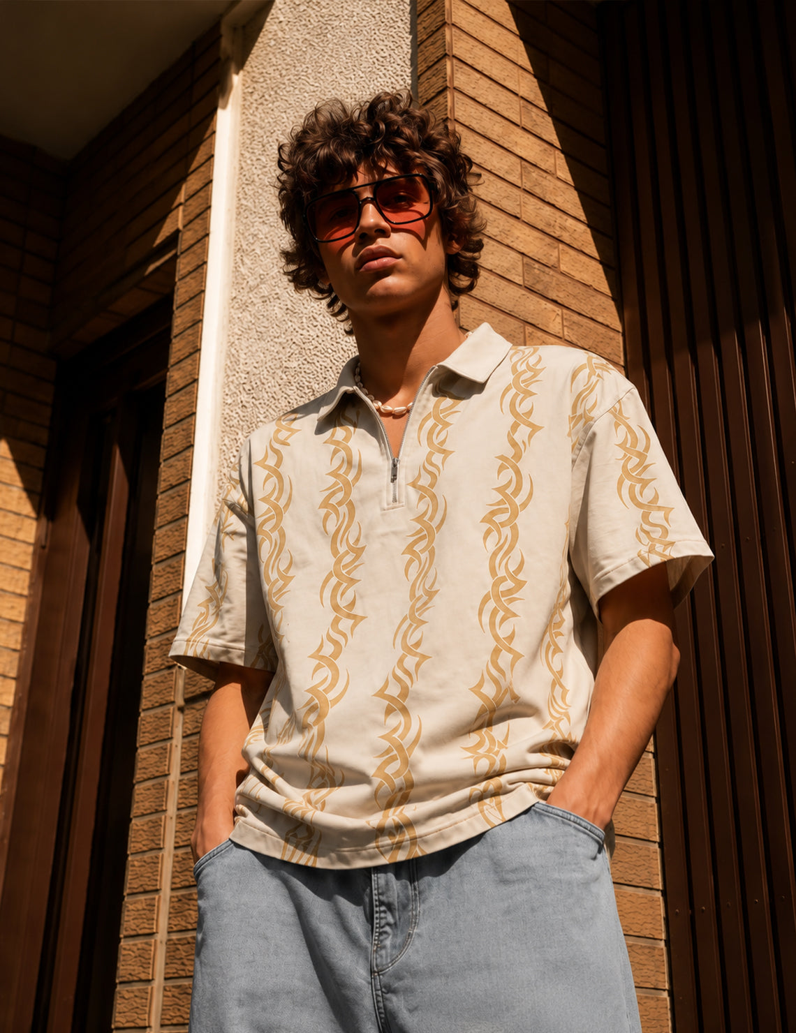 Force Printed Men Polo Neck Beige T-Shirt