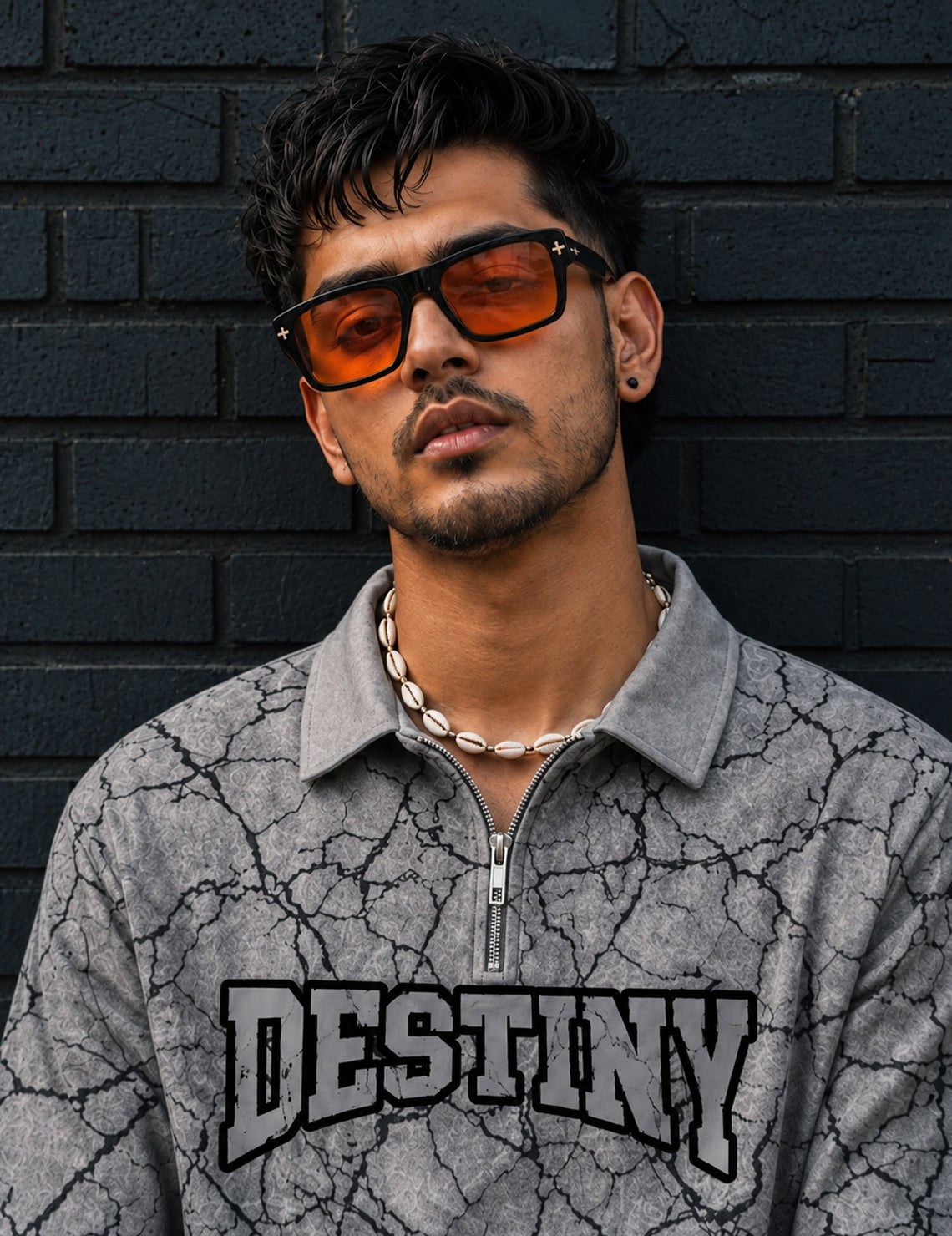 Force Printed Men Zip Neck Grey T-Shirt