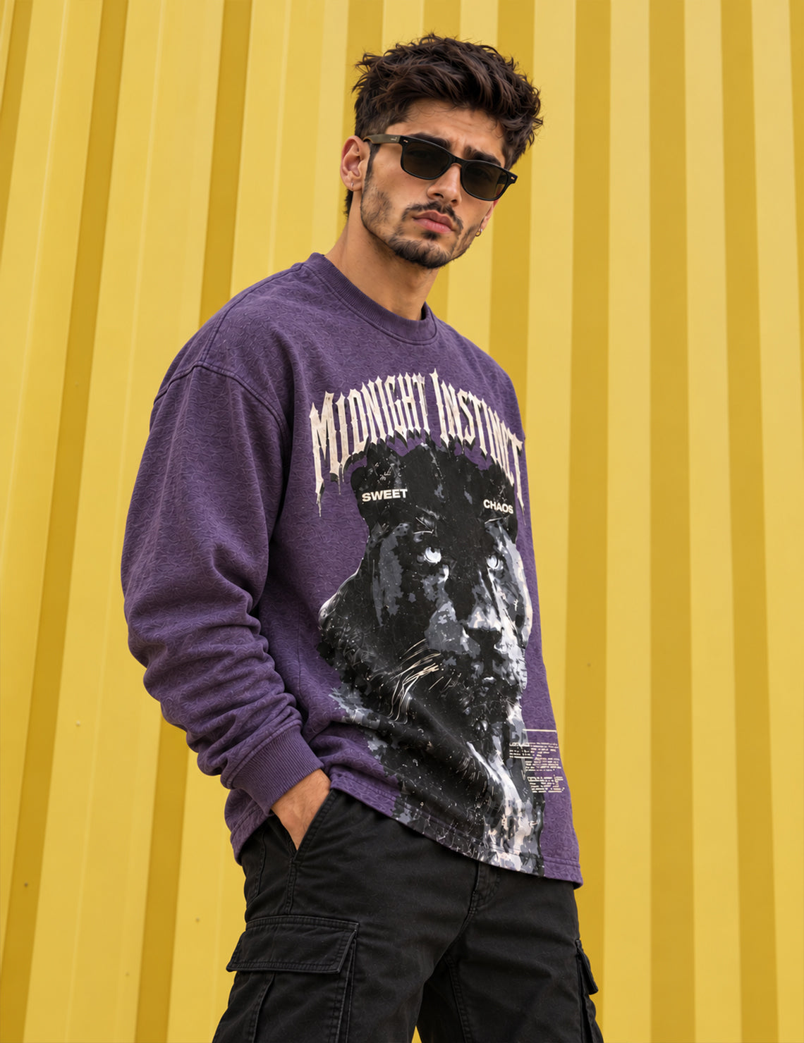 Midnight Instinct Panther Graphic Full-Sleeve T-Shirt – Purple