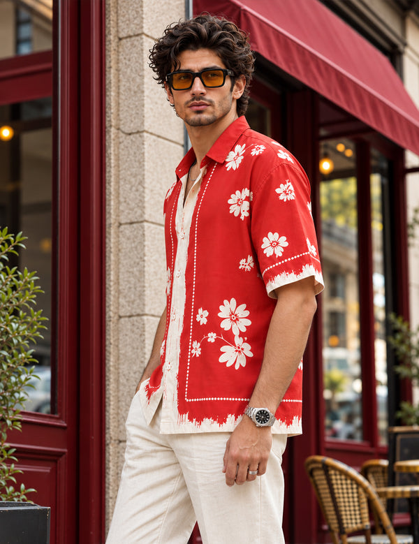 Force Mens Floral Print Red Shirt