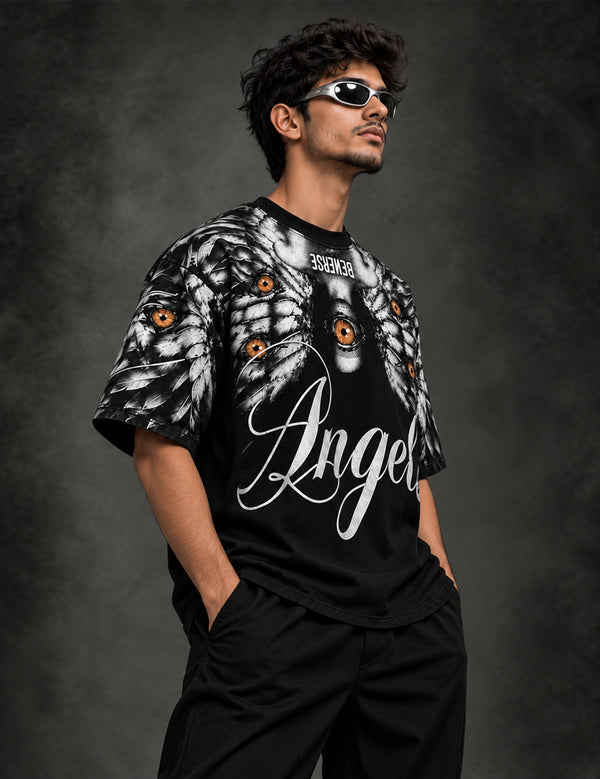 Seraphic Vision – Black Angel Graphic Half-Sleeve T-Shirt
