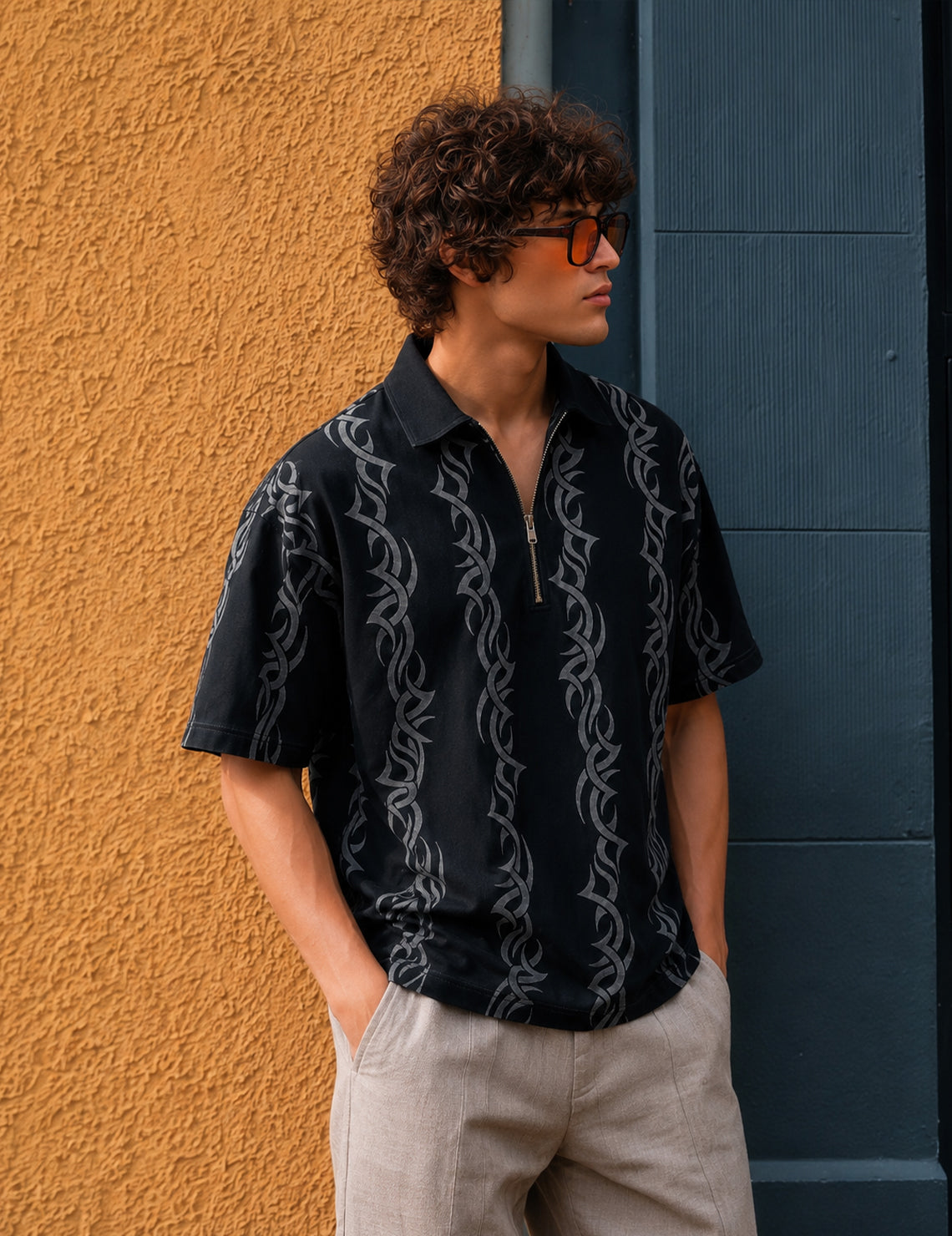 Force Printed Men Zip Neck Black T-Shirt