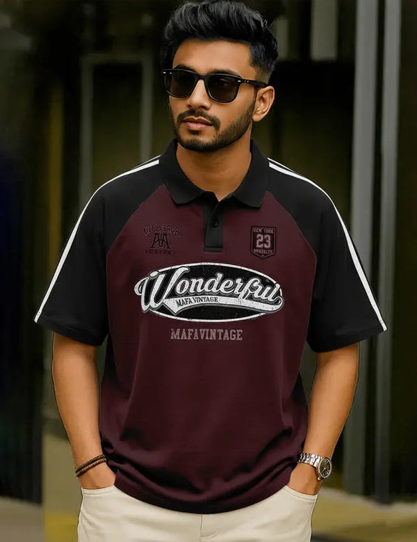 Force Printed Men Polo Neck Maroon T-Shirt