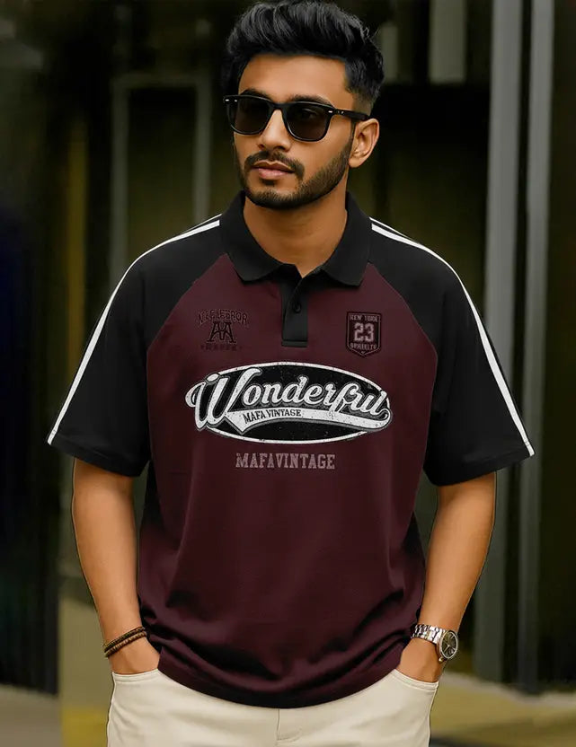 Force Printed Men Polo Neck Maroon T-Shirt