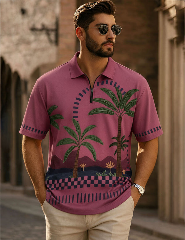 Force Printed Men Zip Neck Pink T-Shirt