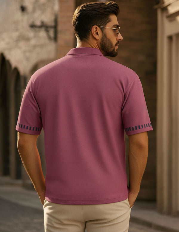 Force Printed Men Zip Neck Pink T-Shirt